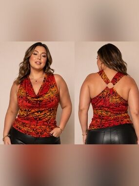 Say Anything Y2K Vibrant Orange/Black Cowl Neckline Sleeveless Club Top Size 2X
